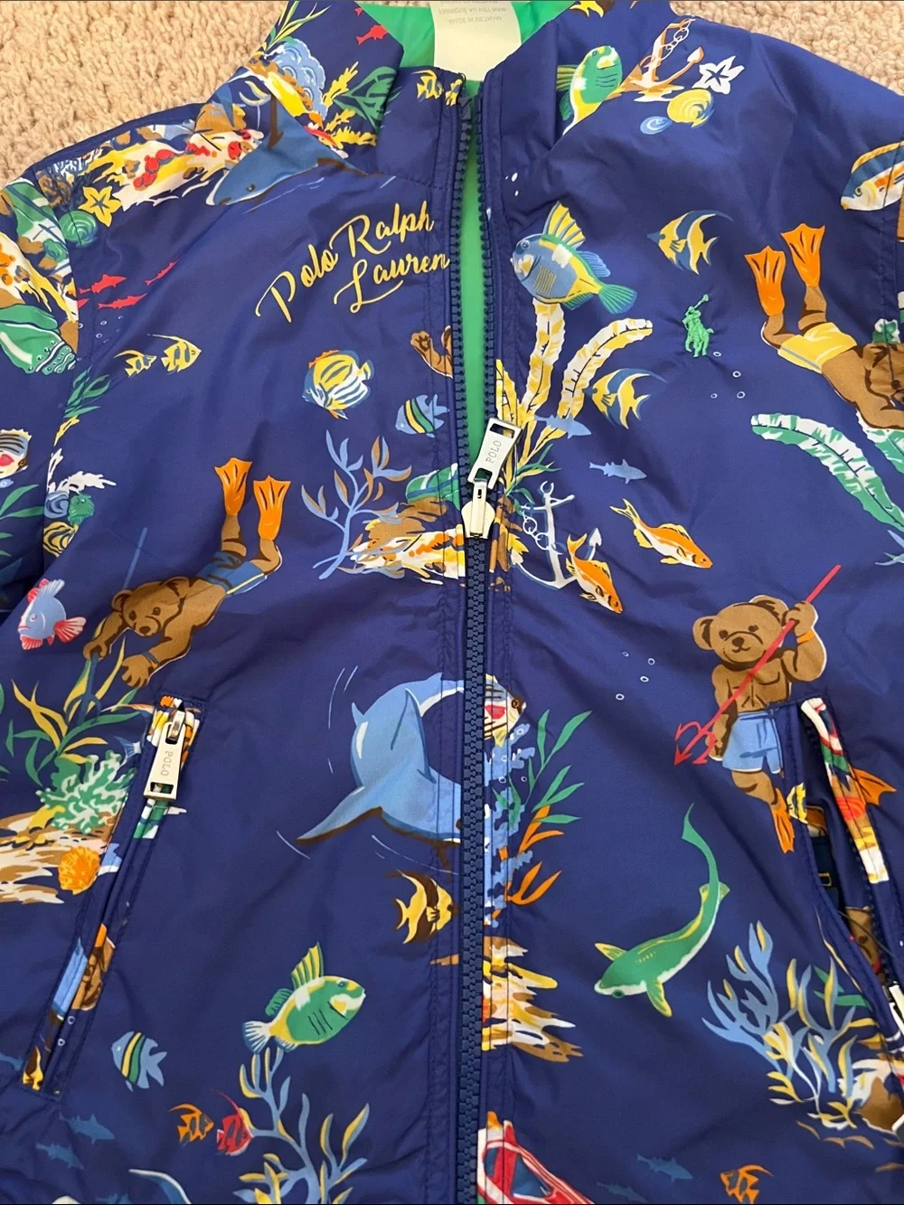 Ralph Lauren Navy Kids' Ocean Print Windbreaker, REVERSIBLE